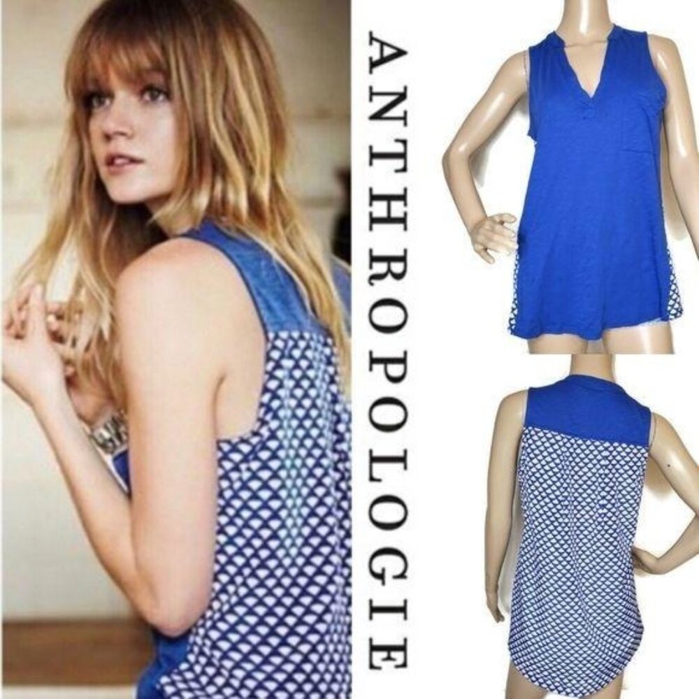 Anthropologie Porridge Womens XS Blue & White Sleeveless Tunic Top geometric